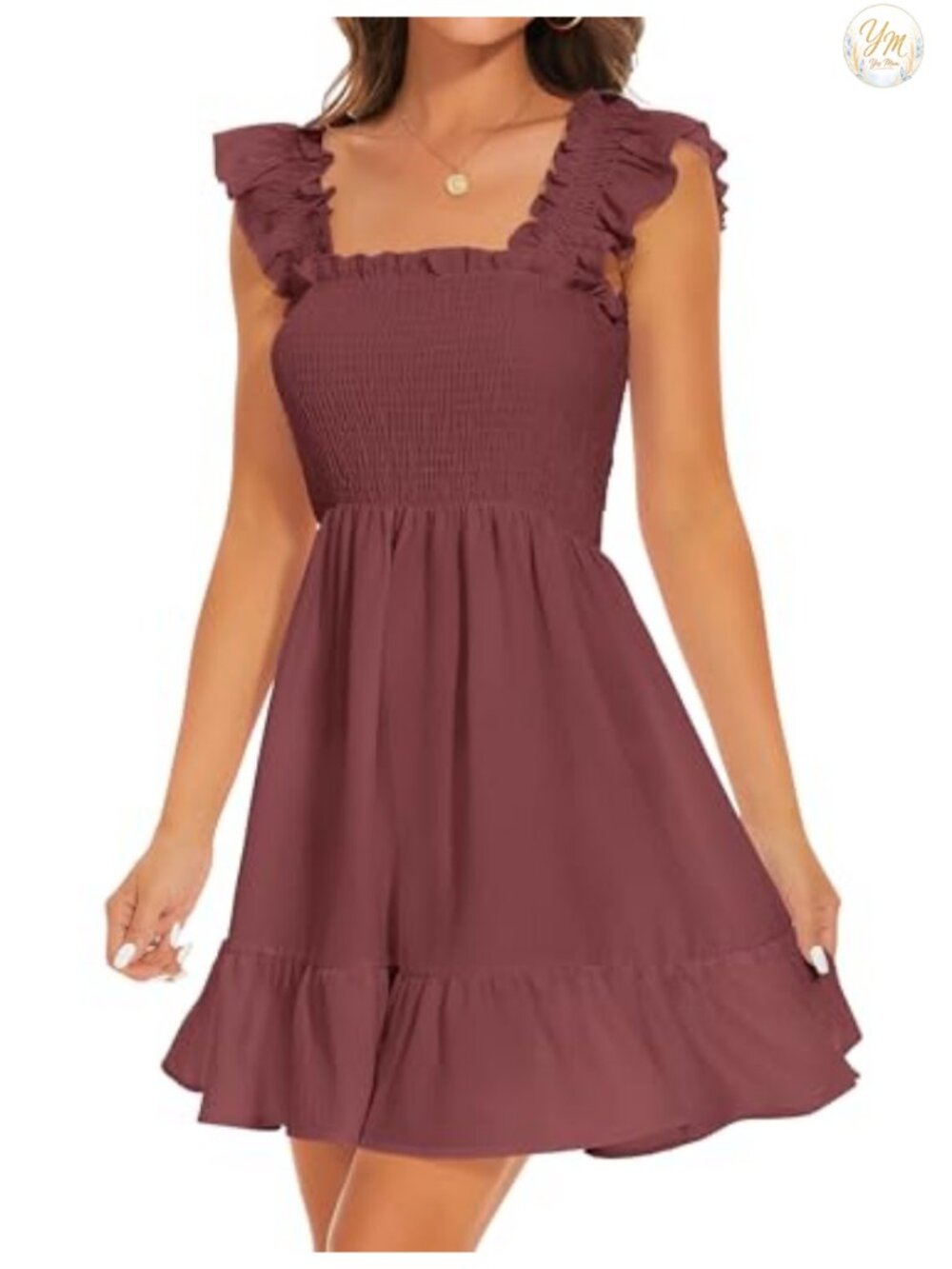 Women's Smocked Square Neck Ruffle Tiered Mini Swing Dress Sleeveless